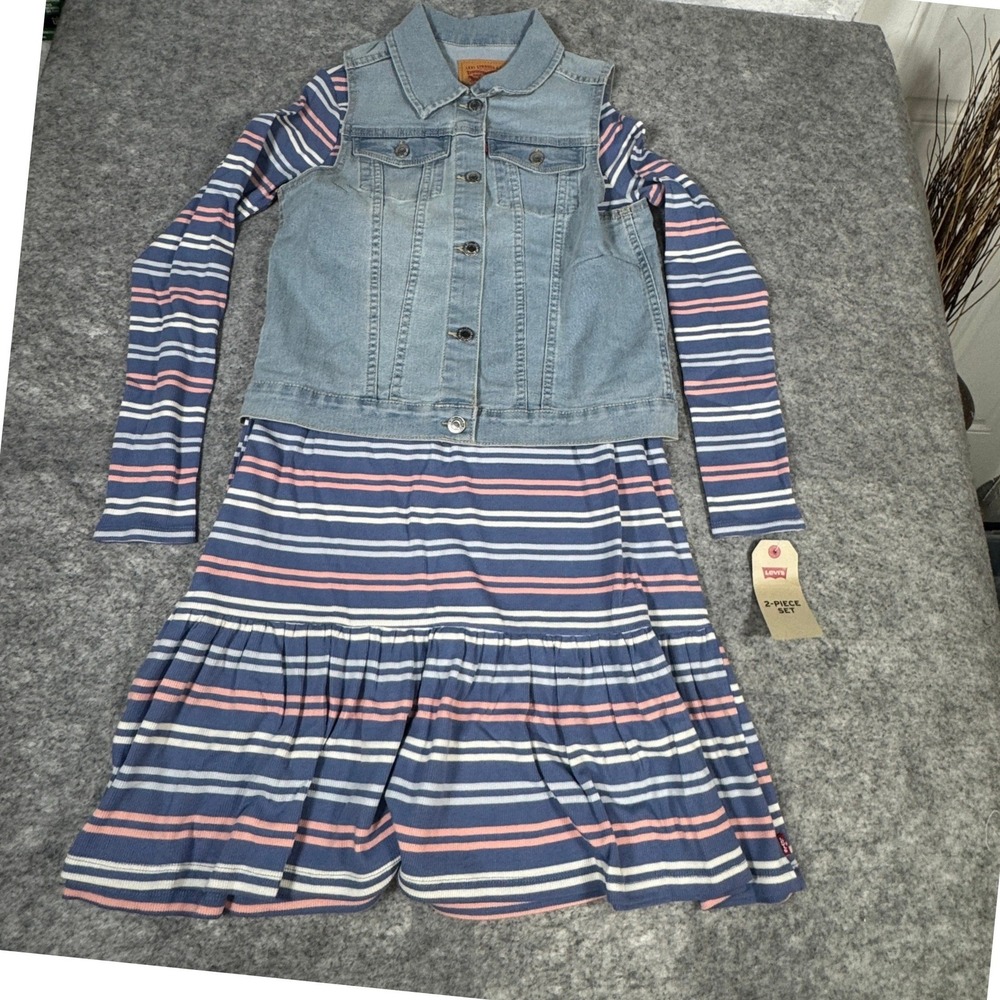Levis Girls 2-Piece Set Striped Ribbed Dress and Denim Vest Light Wash 14/16